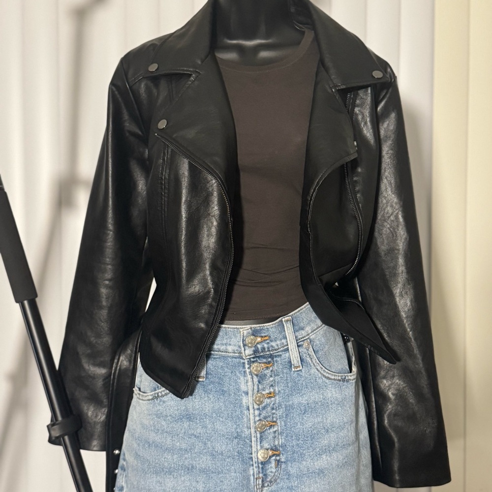 Elodie Faux Leather Moto Jacket – Black